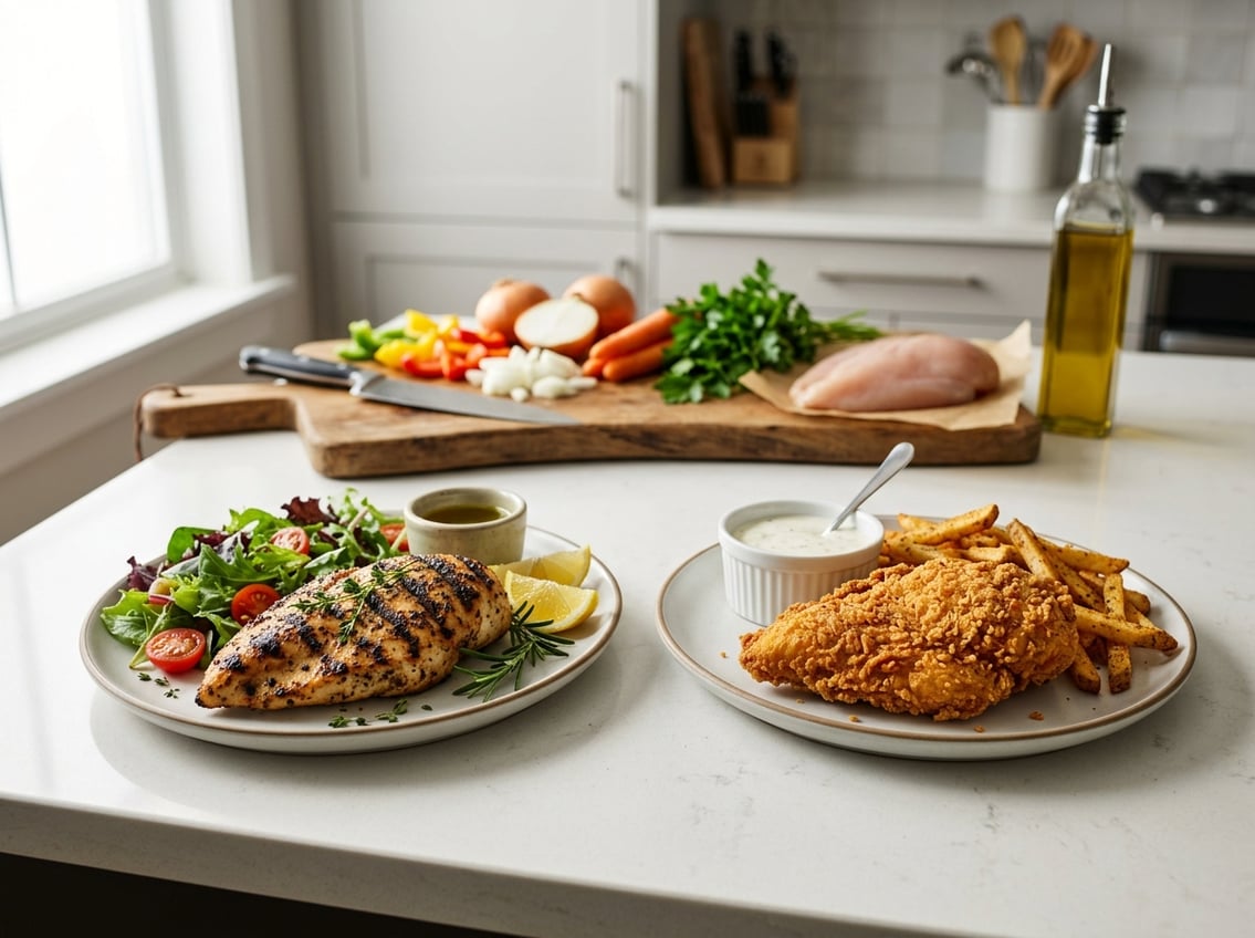 Two plates on a kitchen counter showing grilled chicken breast with herbs and lemon, and fried chicken breast with sauce, surrounded by fresh ingredients.