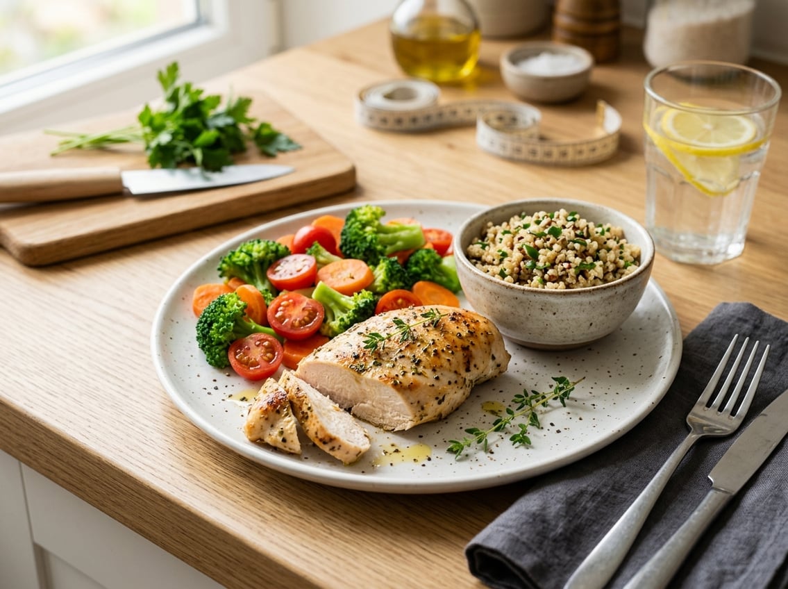 A cooked chicken breast on a plate surrounded by fresh vegetables and grains on a kitchen countertop.