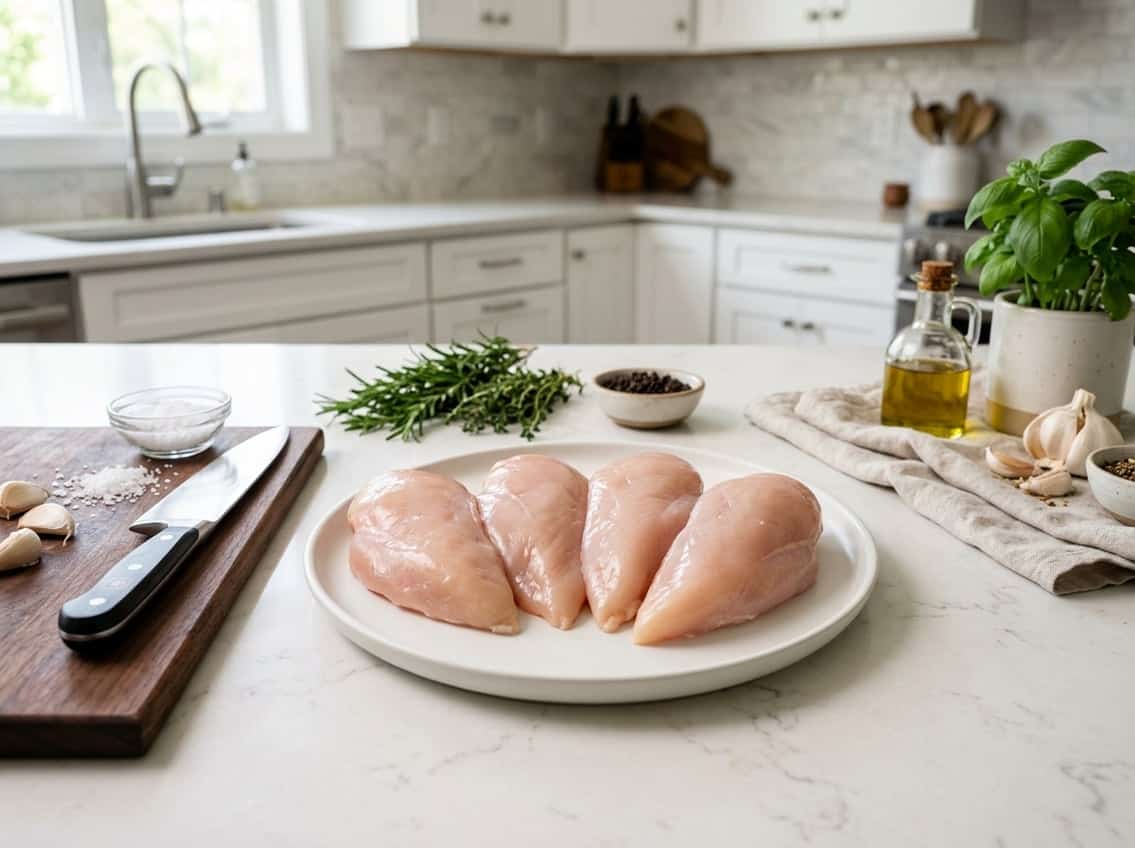 Raw chicken breasts on a white plate surrounded by herbs, garlic, spices, and kitchen utensils on a kitchen countertop.