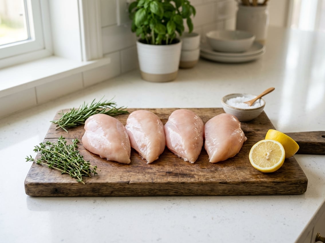Fresh raw chicken breasts on a wooden cutting board with herbs and lemon on a kitchen countertop.