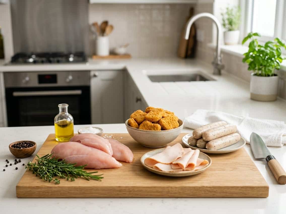 A kitchen scene displaying raw chicken breasts next to various processed chicken products on a cutting board.