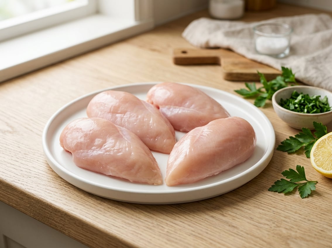 A plate of fresh, raw boneless chicken breasts on a wooden countertop with herbs and a lemon wedge in the background.