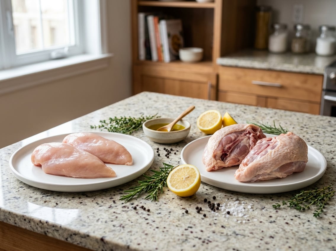 Two plates on a kitchen countertop displaying boneless and bone-in chicken breasts with fresh herbs and lemon nearby.