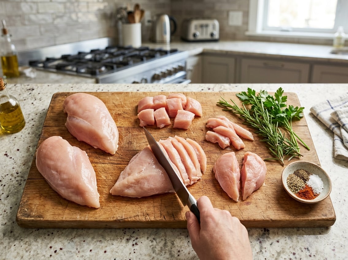 Raw chicken breasts on a cutting board with some cut into pieces, surrounded by herbs and a knife on a kitchen countertop.