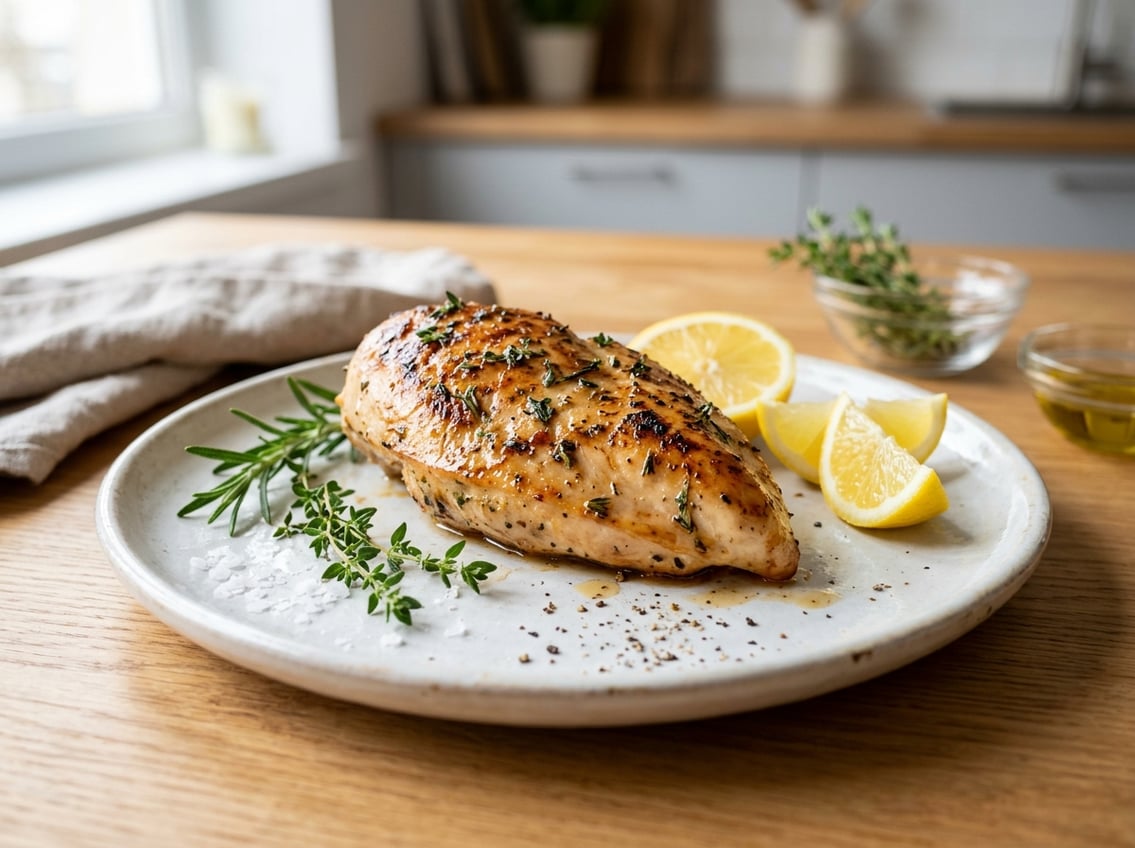 A juicy cooked chicken breast garnished with fresh herbs and lemon slices on a white plate.