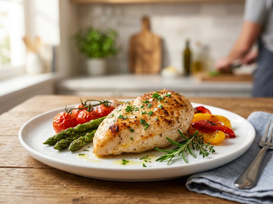 A juicy cooked chicken breast on a white plate with roasted vegetables and fresh herbs in a bright kitchen setting.