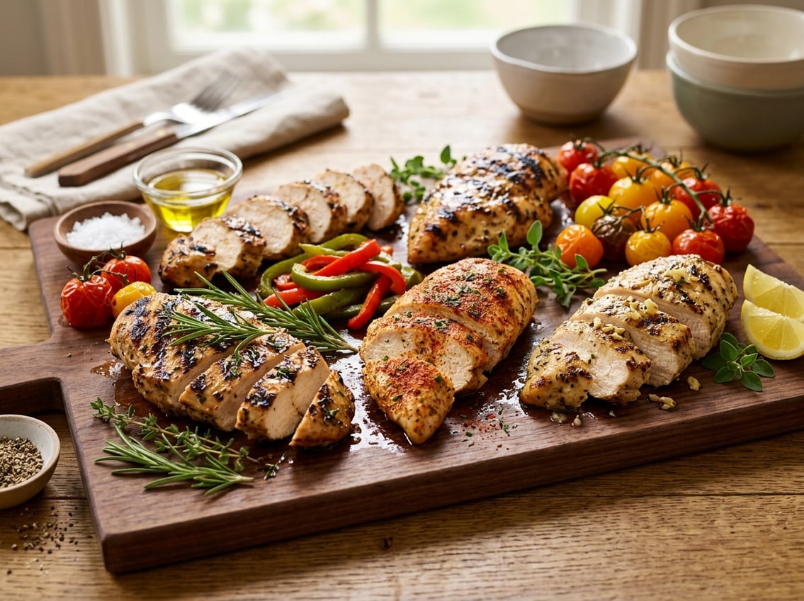 A close-up of juicy cooked chicken breast pieces on a wooden cutting board with fresh herbs, lemon slices, and colorful vegetables.