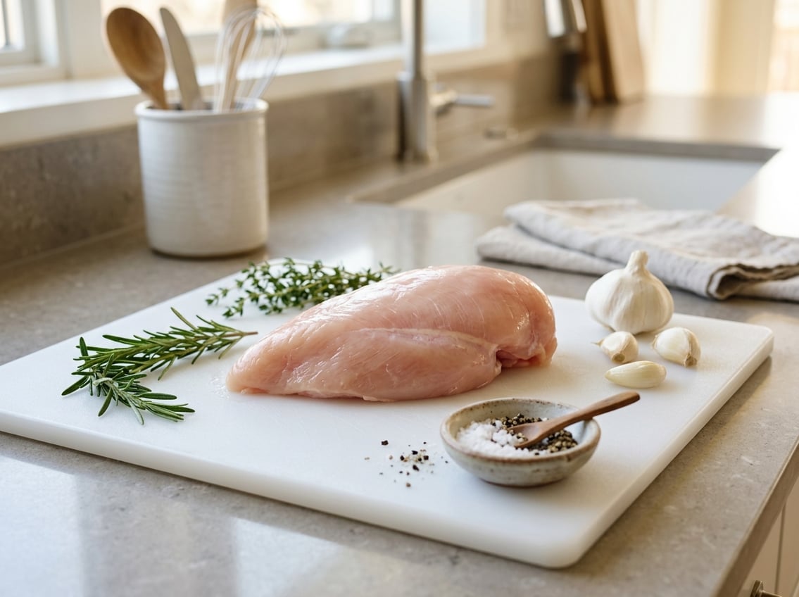 A raw chicken breast on a white cutting board with fresh herbs and garlic in a kitchen setting.