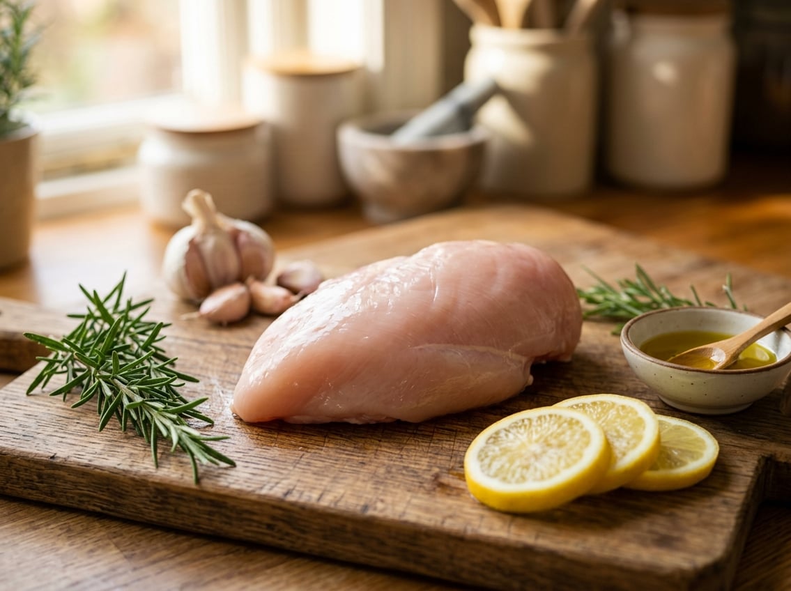 Raw chicken breast on a wooden cutting board with rosemary, garlic, lemon slices, and olive oil nearby.
