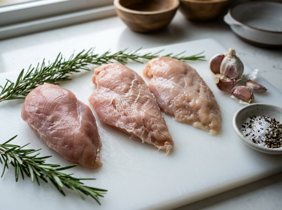 Close-up of raw chicken breasts on a cutting board showing different textures, with fresh herbs and spices nearby.