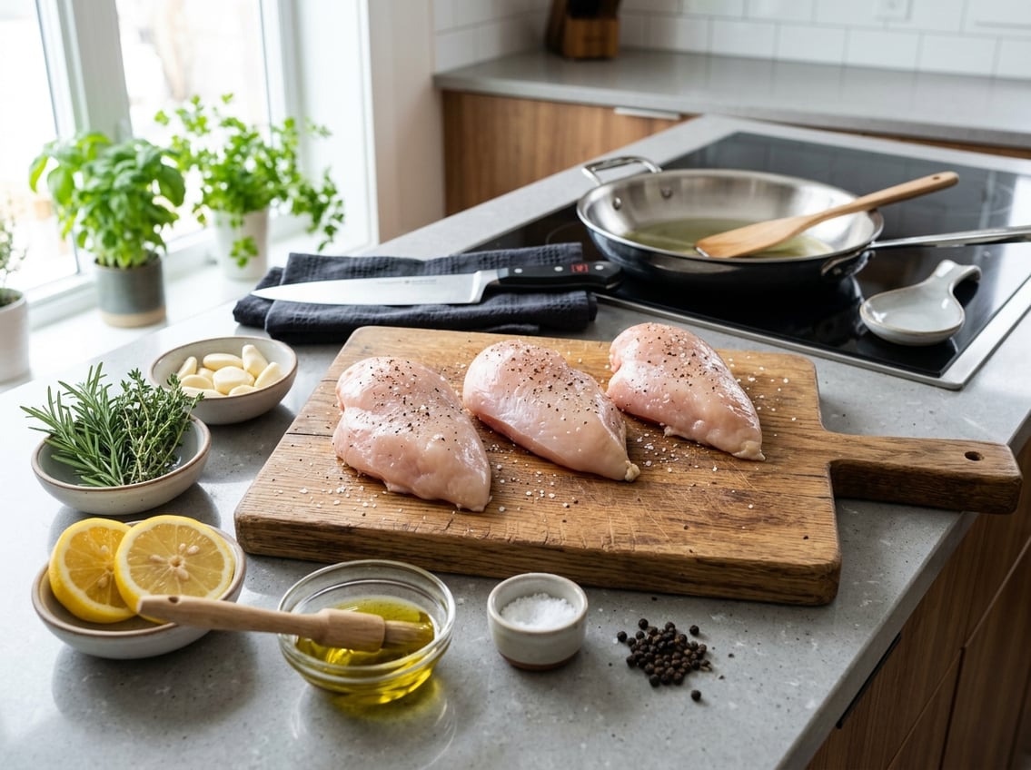 Raw chicken breasts on a wooden cutting board with fresh herbs, garlic, lemon slices, and cooking utensils on a kitchen countertop.