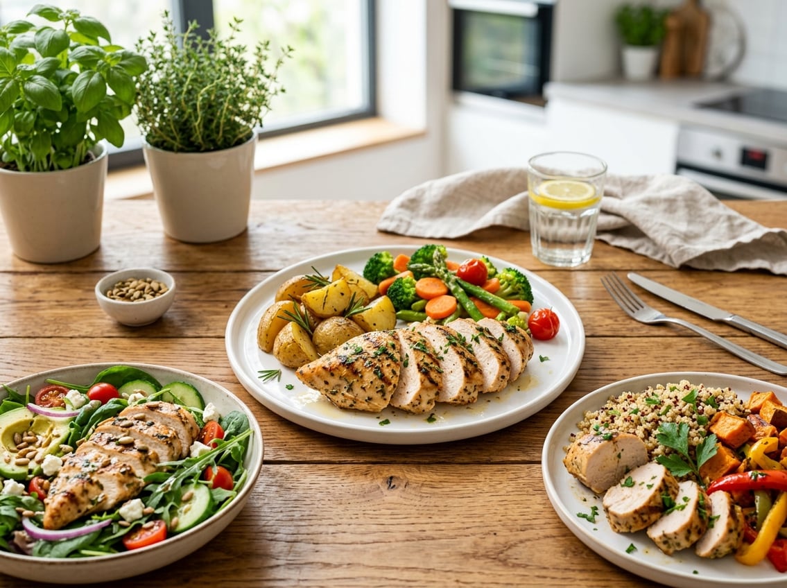 A cooked chicken breast served on a plate with vegetables and salad on a dining table.