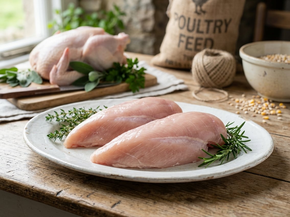 Close-up of raw chicken breasts showing detailed muscle texture with fresh herbs and a whole chicken in the background.