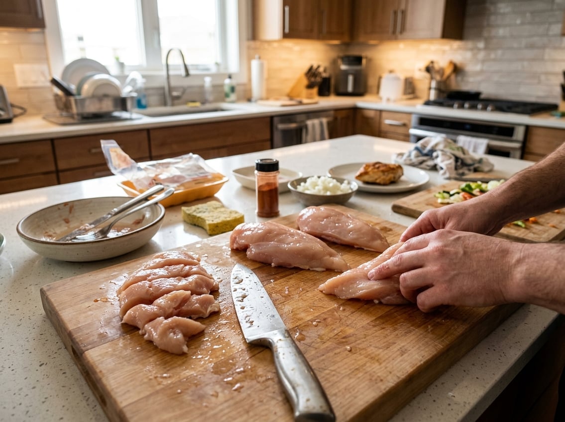 A kitchen scene showing raw chicken breasts on a cutting board with uneven cuts and water droplets, alongside kitchen utensils and a cluttered countertop.