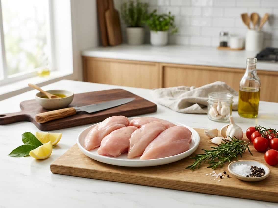 Raw chicken breasts on a plate surrounded by fresh ingredients and kitchen utensils on a countertop.