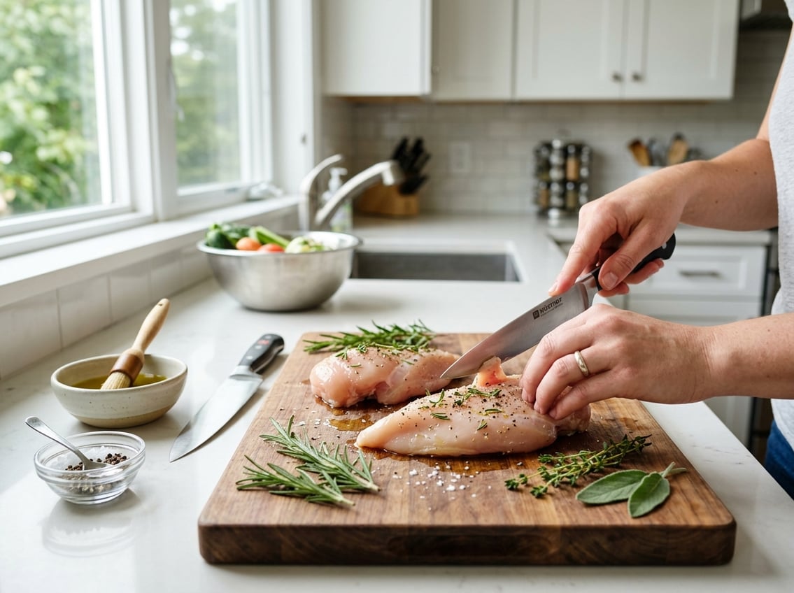 Hands preparing raw chicken breasts on a wooden cutting board with herbs and kitchen tools nearby in a bright kitchen.