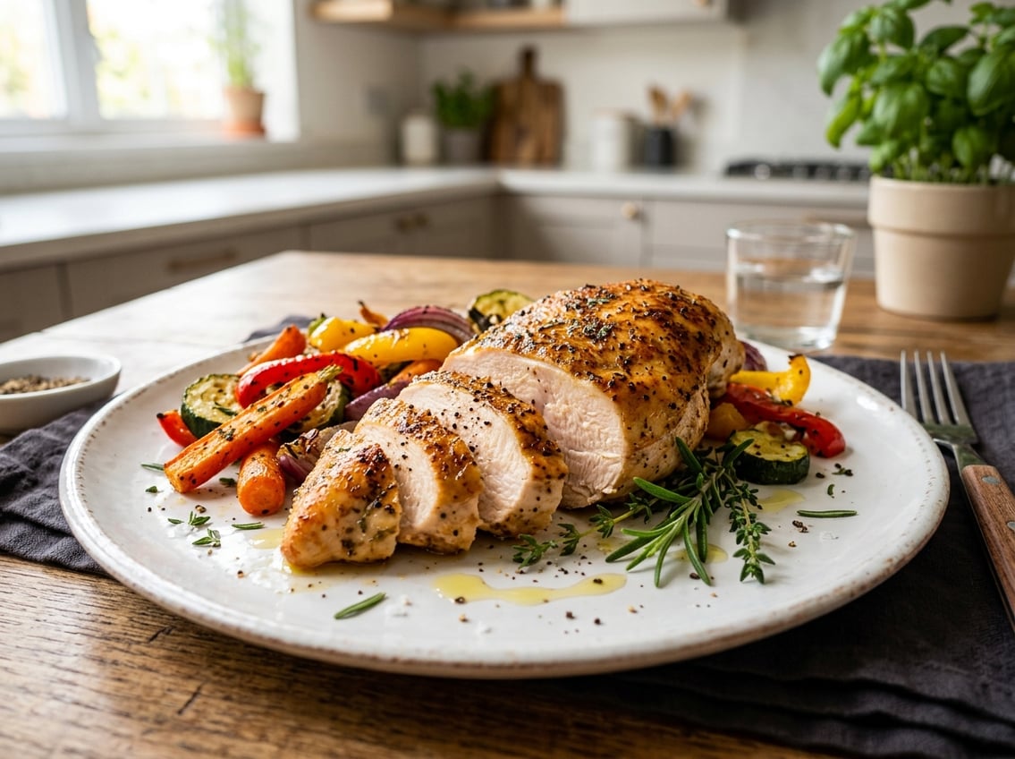 Sliced cooked chicken breast on a white plate with fresh herbs and roasted vegetables in a kitchen setting.