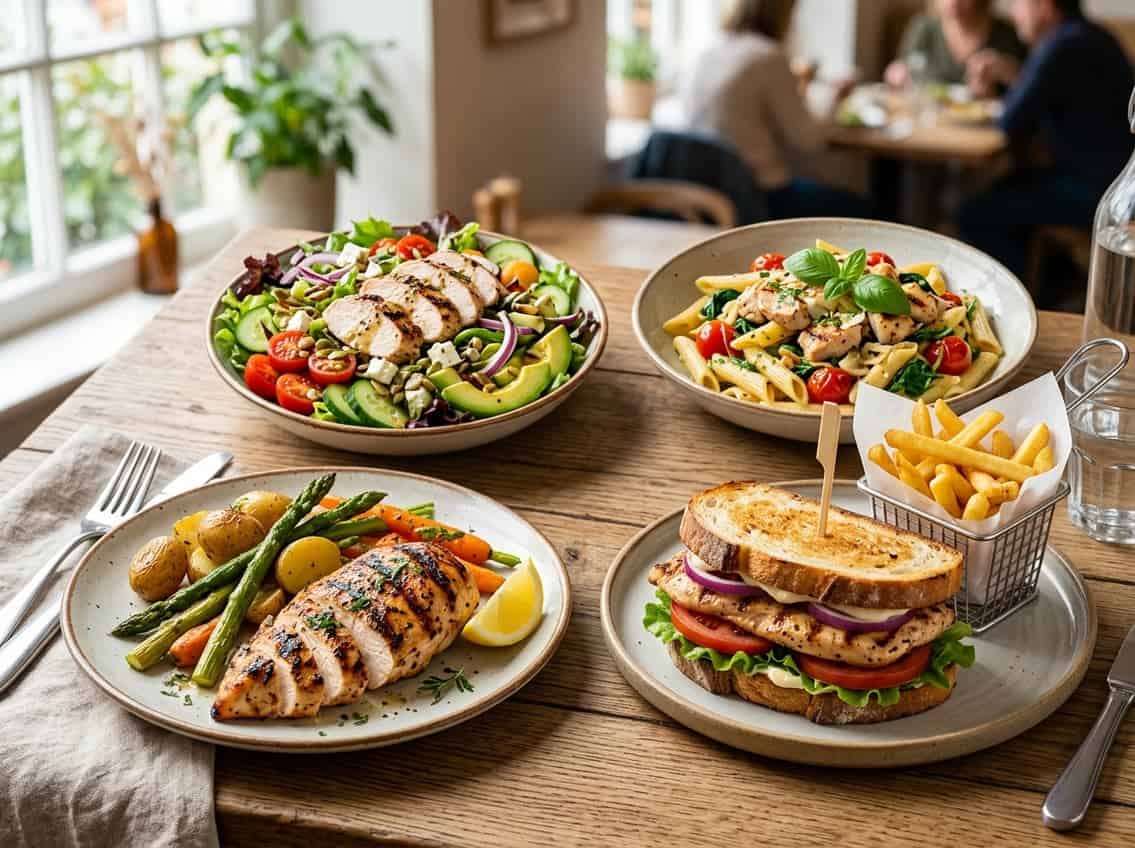 A table displaying several popular dishes made with cooked chicken breasts, including grilled chicken with vegetables, chicken salad, a chicken sandwich, and chicken pasta.