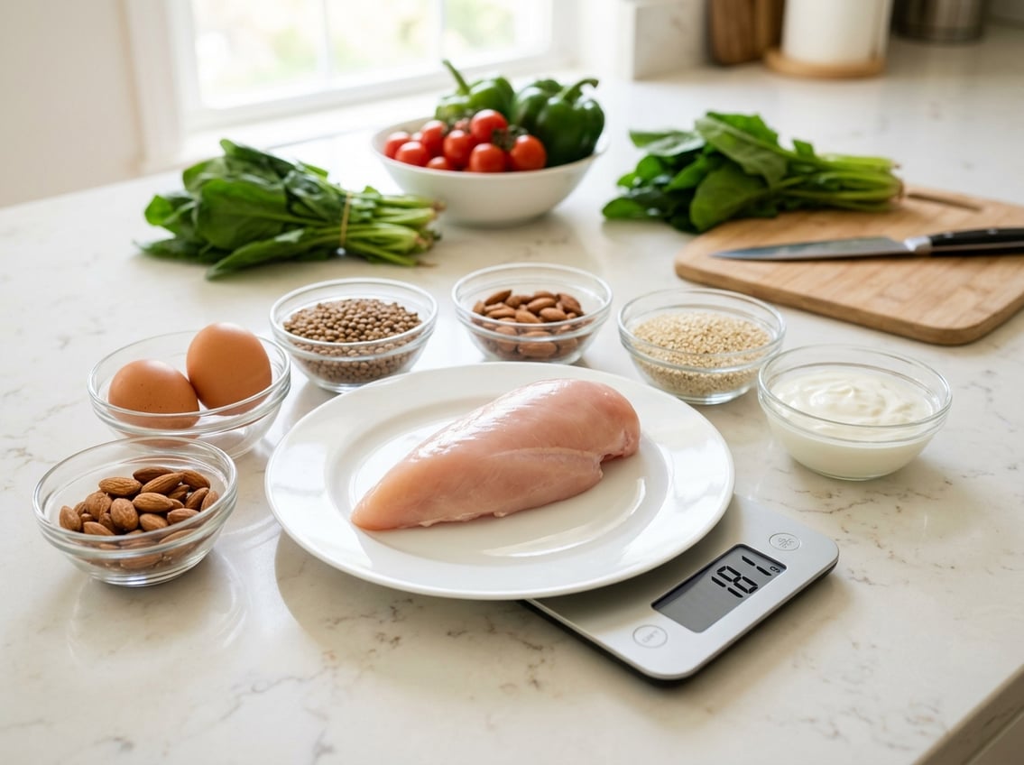 A chicken breast on a plate surrounded by bowls of protein-rich foods and fresh vegetables on a kitchen countertop.
