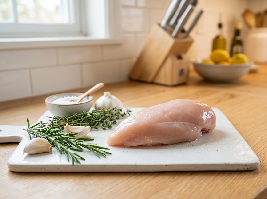 Raw chicken breast fillet on a white cutting board with fresh herbs and garlic cloves in a bright kitchen.