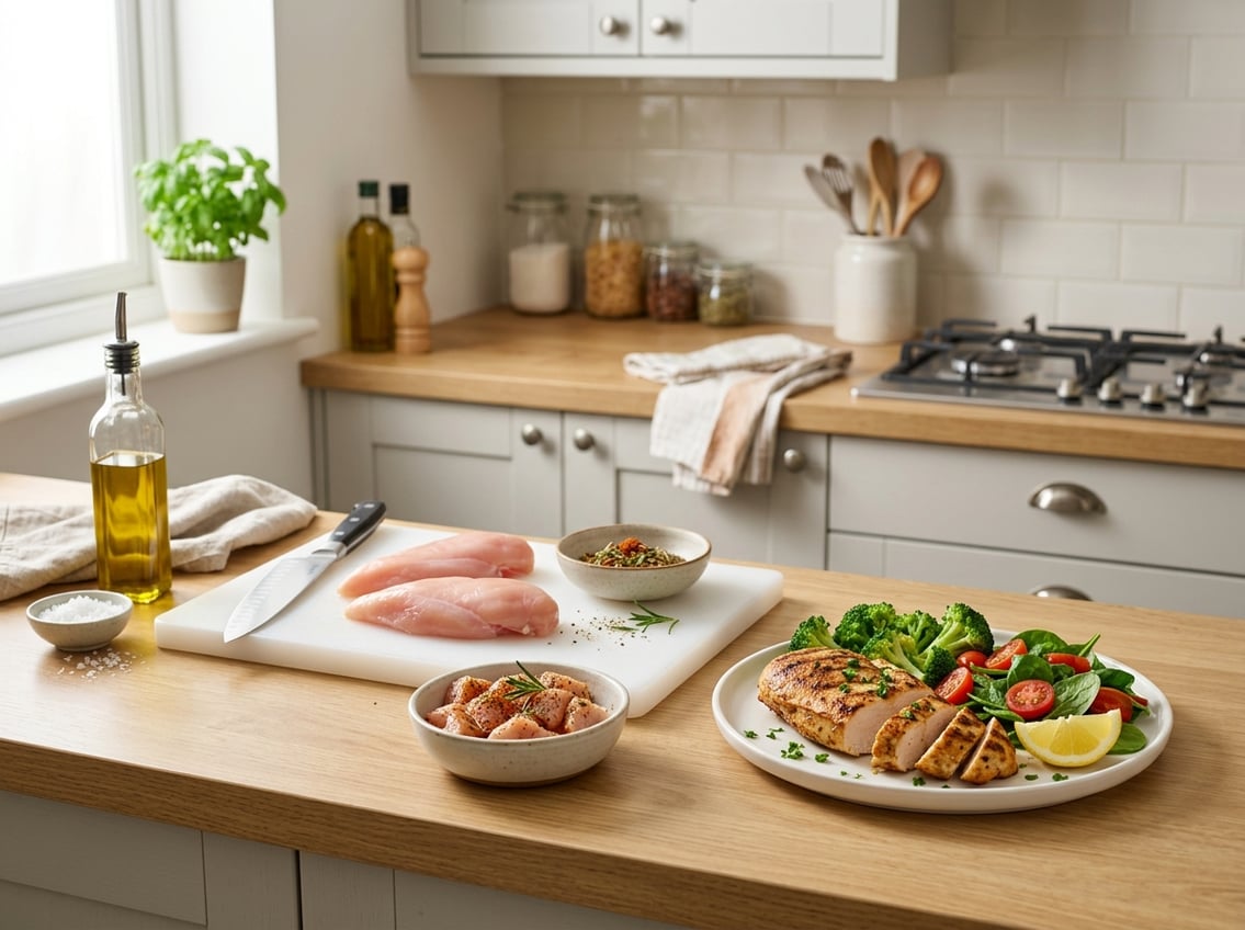 A kitchen countertop displaying raw, seasoned, and cooked chicken breast with fresh vegetables and cooking ingredients.