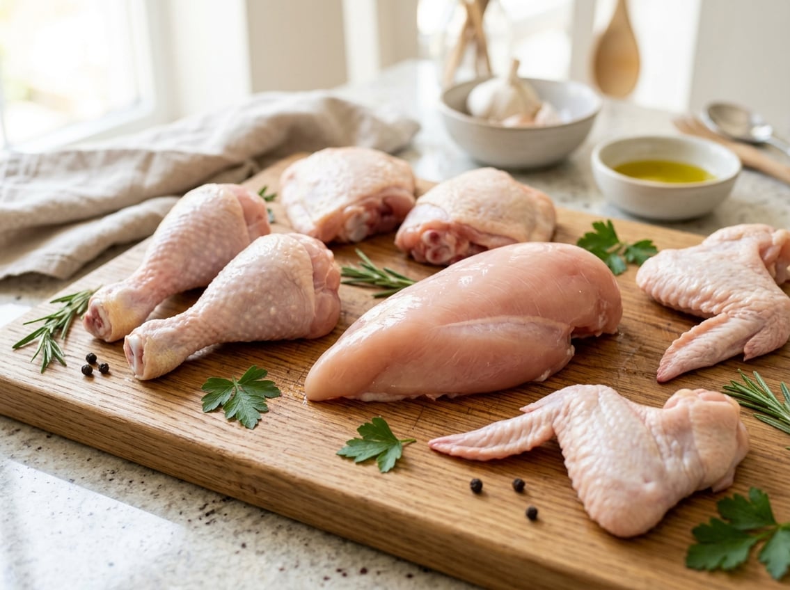 Close-up of different raw chicken cuts on a wooden cutting board, with a chicken breast fillet in the center surrounded by thighs, drumsticks, and wings.