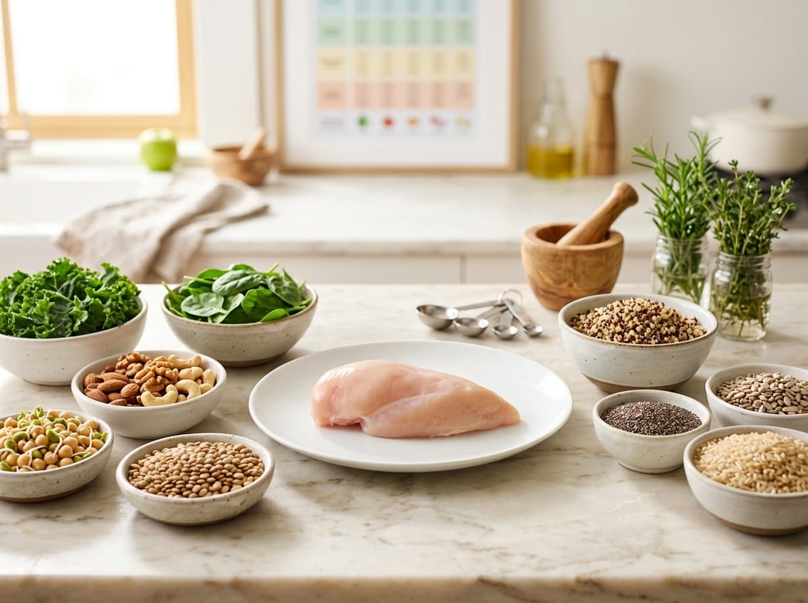 A fresh chicken breast on a white plate surrounded by bowls of legumes, nuts, and leafy greens on a kitchen counter.