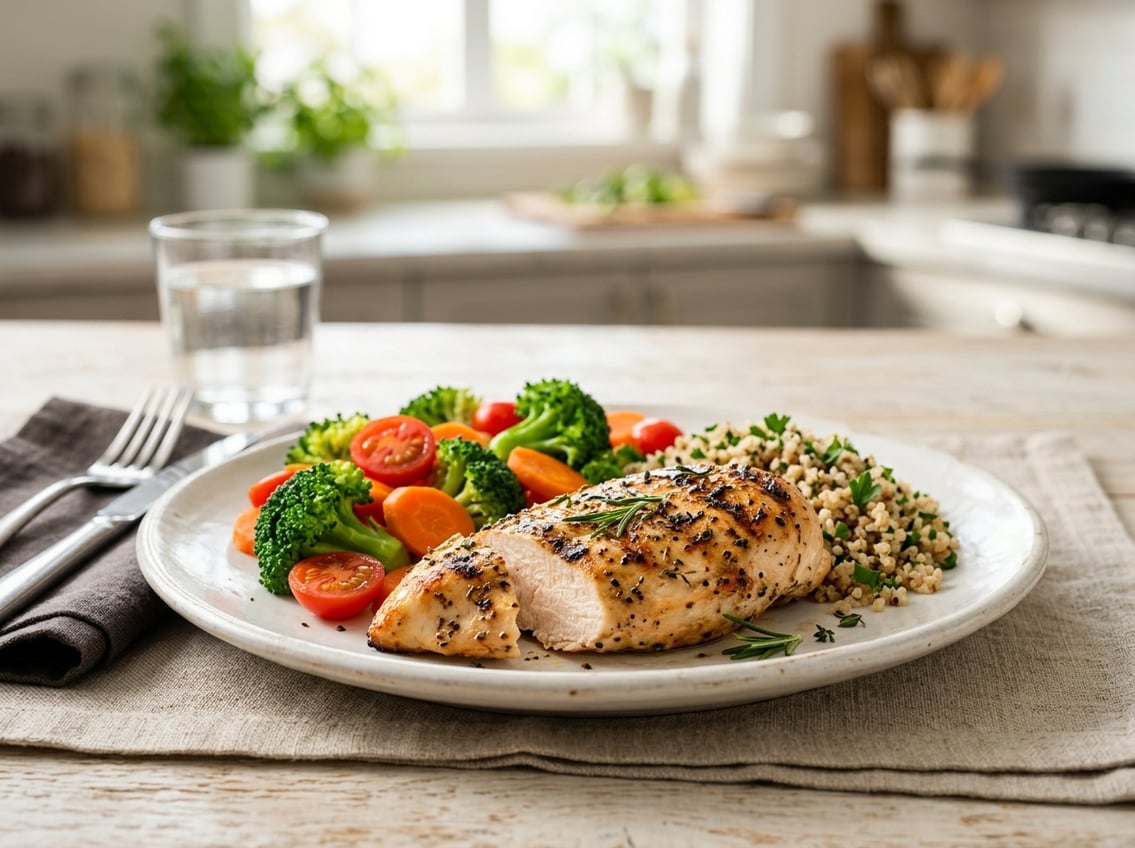 A plate with grilled chicken breast, fresh vegetables, and whole grains arranged on a table in a kitchen setting.