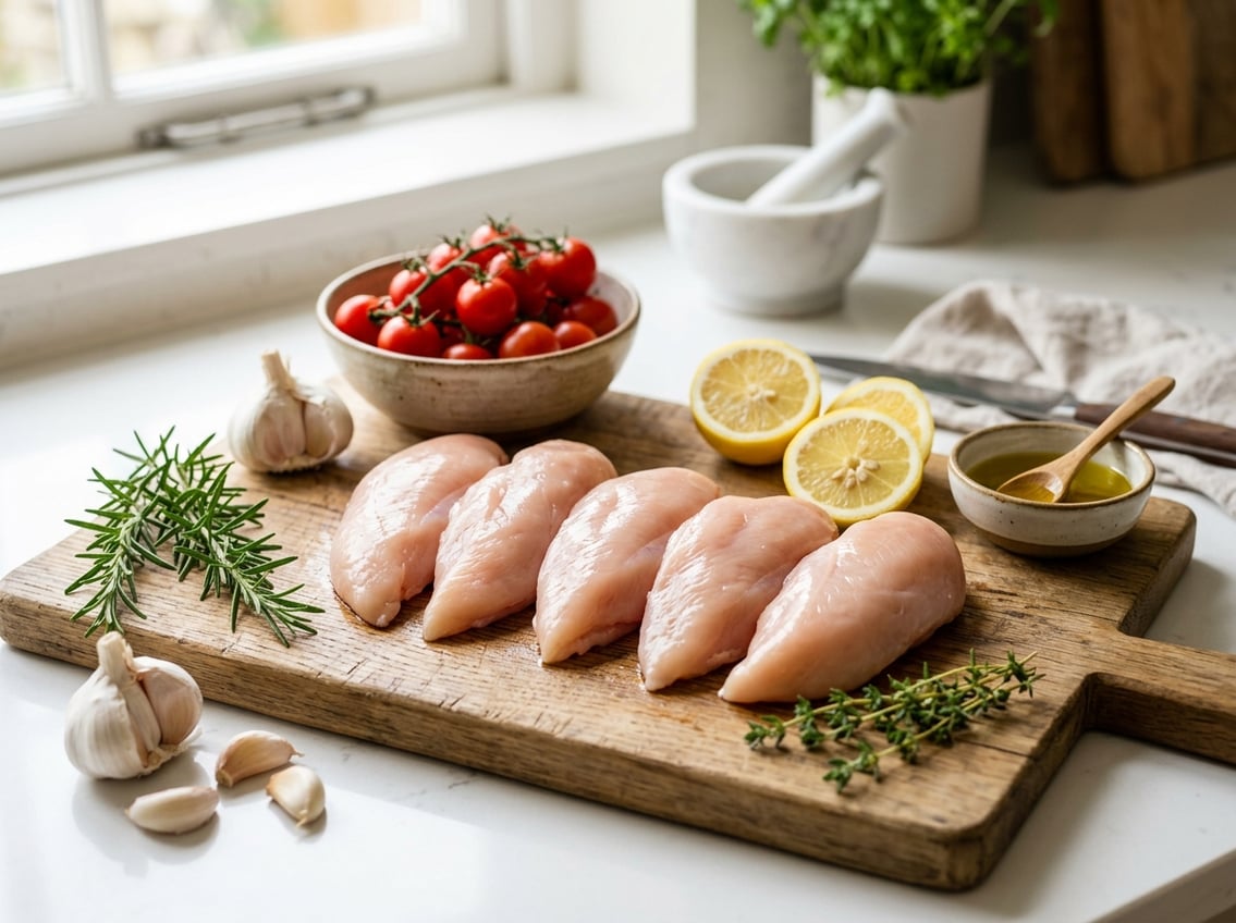 Raw chicken breast fillets on a wooden cutting board with fresh herbs, garlic, cherry tomatoes, lemon slices, and olive oil on a kitchen countertop.