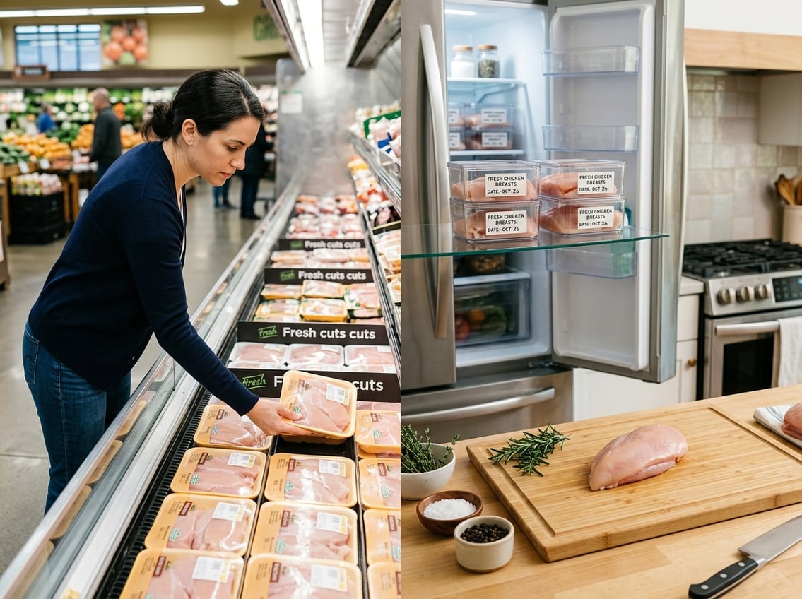 A person selecting fresh chicken breast fillets from a refrigerated display, with a kitchen scene showing stored chicken in containers and a cutting board with a trimmed chicken breast and herbs.