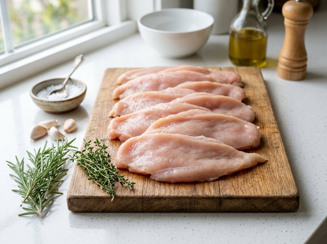 Raw chicken breast cutlets arranged on a wooden cutting board with herbs and garlic nearby on a kitchen countertop.