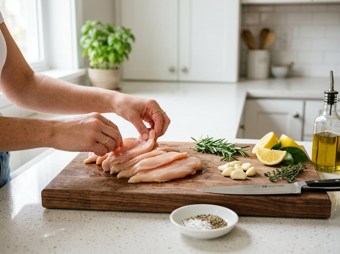 Hands preparing thin chicken breast cutlets on a wooden cutting board with fresh herbs and lemon in a kitchen.