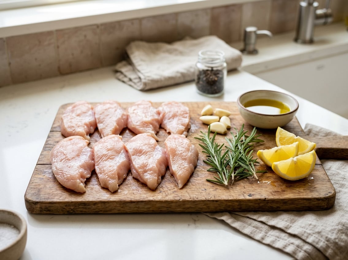 Raw chicken breast cutlets on a wooden cutting board surrounded by fresh herbs, garlic, lemon wedges, and olive oil on a kitchen countertop.