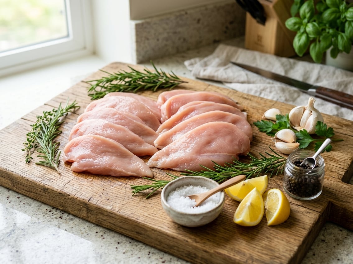 Fresh raw chicken breast cutlets arranged on a wooden cutting board with garlic, lemon wedges, rosemary, and sea salt on a kitchen counter.