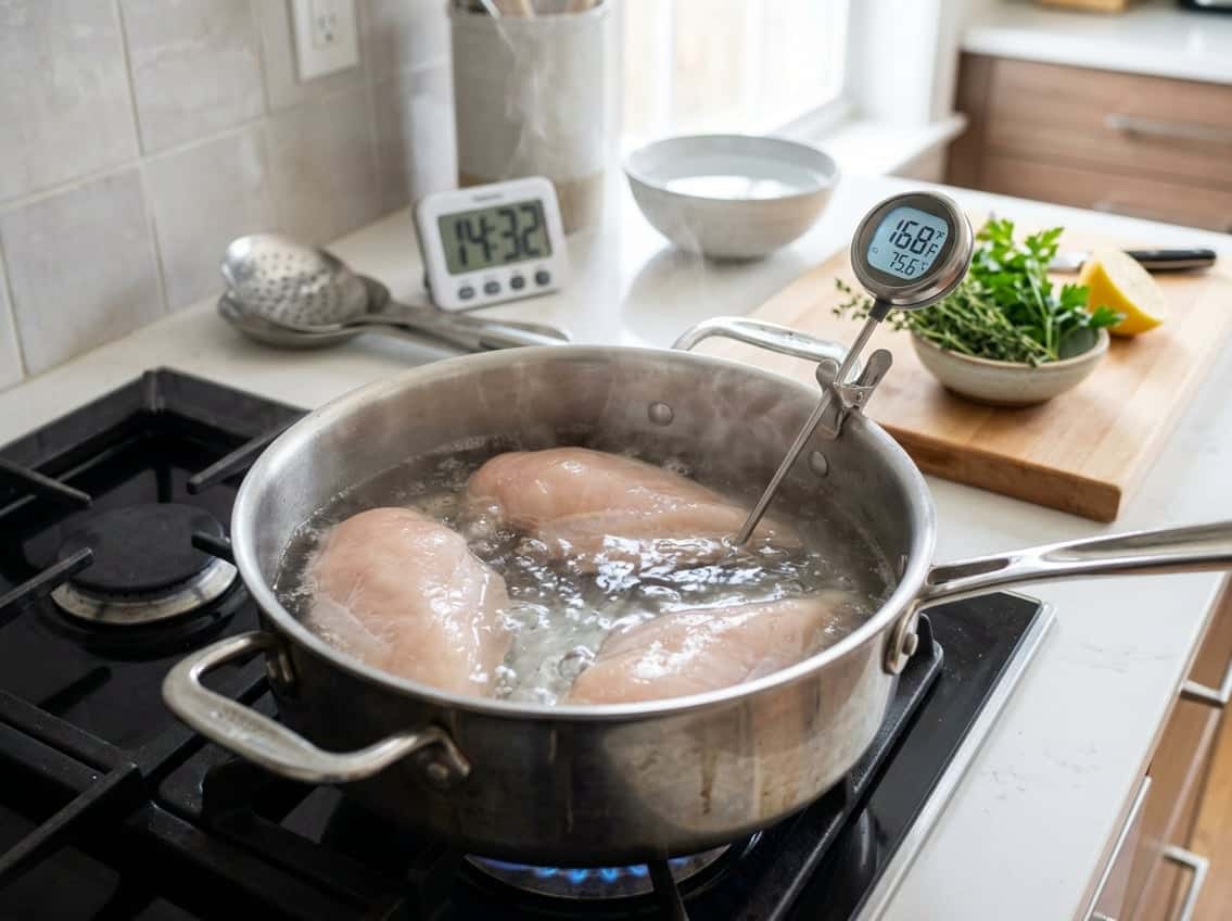 Close-up of chicken breasts boiling in a pot on a stovetop with a digital thermometer showing safe cooking temperature, surrounded by kitchen utensils and fresh ingredients.
