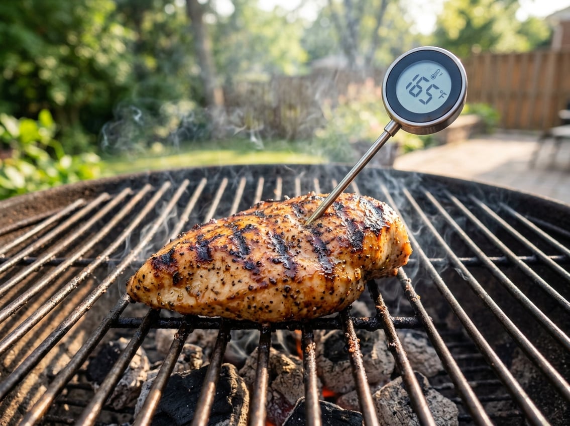 Close-up of a grilled chicken breast with grill marks on a barbecue grill and a meat thermometer inserted, outdoors.