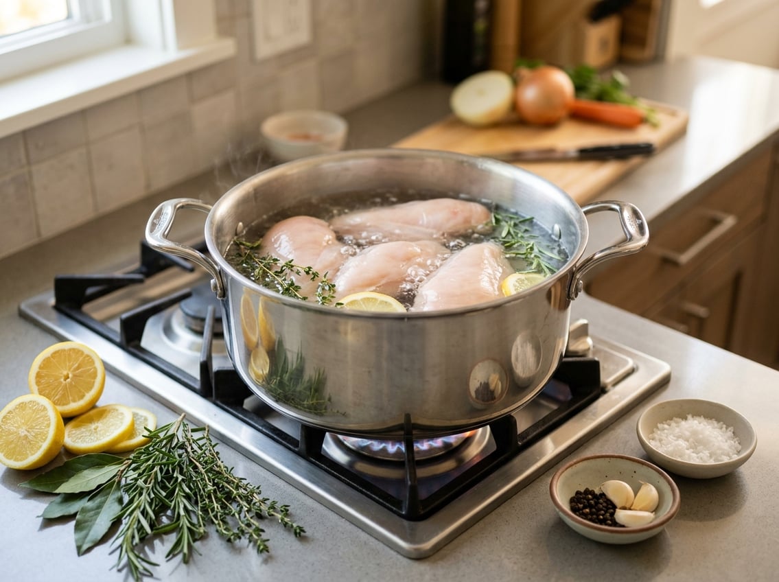 A pot on a stove with chicken breasts boiling in water, surrounded by fresh herbs and lemon in a kitchen.