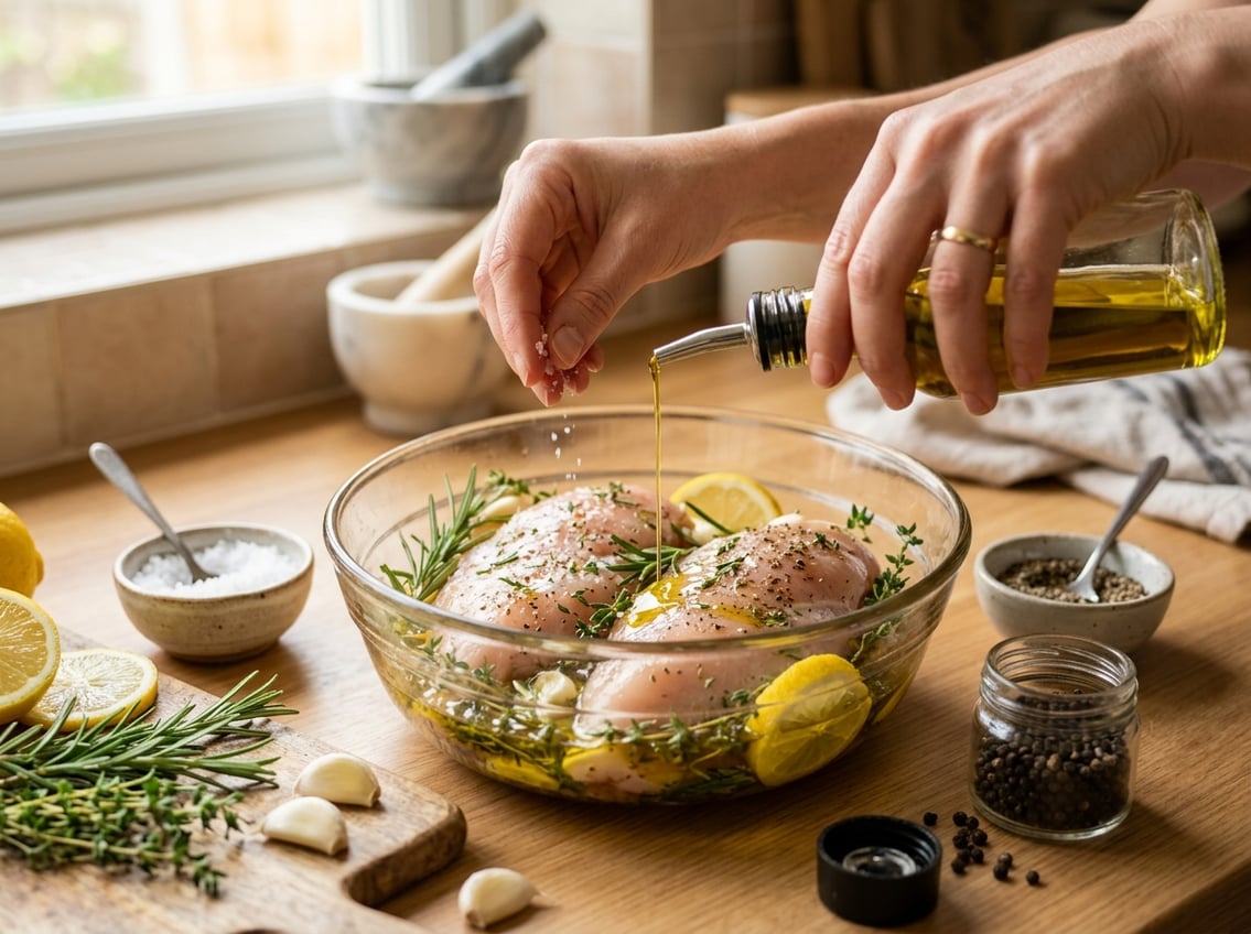 Close-up of raw chicken breasts being marinated with herbs, olive oil, and spices on a kitchen countertop.