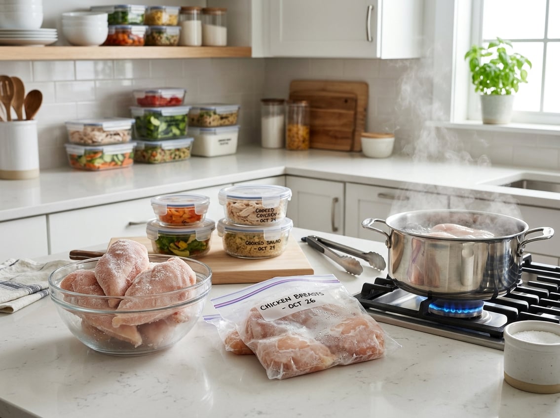 A kitchen countertop with frozen chicken breasts in a bowl and freezer bags, a pot of boiling water on the stove, and containers of cooked chicken leftovers on the counter.