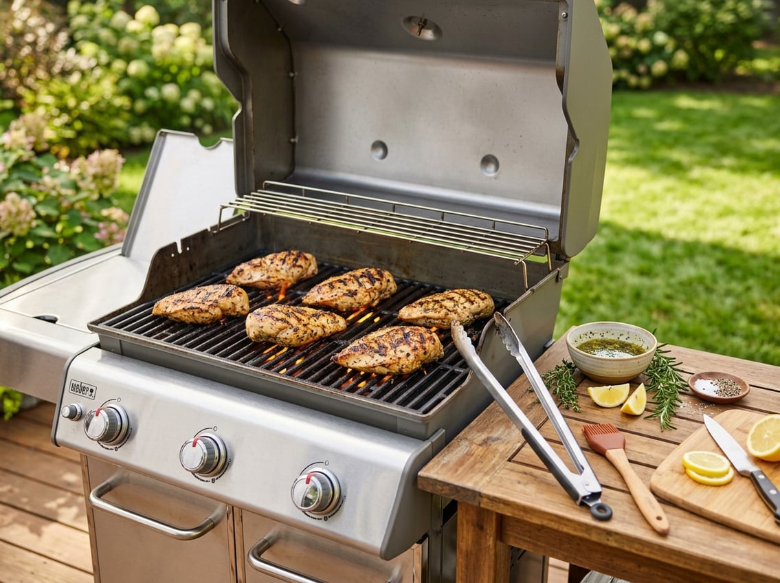 Chicken breasts grilling on an open outdoor gas grill with grilling tools and fresh ingredients nearby in a sunny backyard.