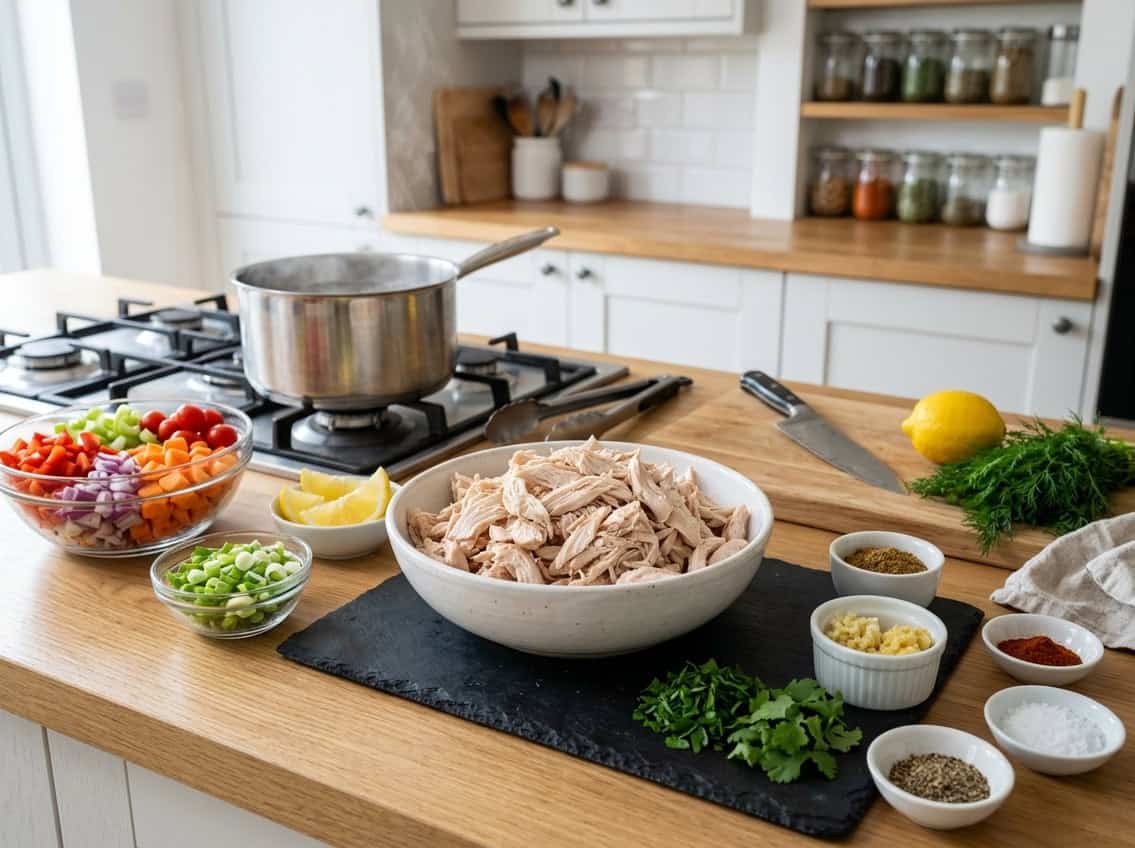 A bowl of shredded cooked chicken breast on a kitchen countertop surrounded by fresh vegetables and cooking tools.