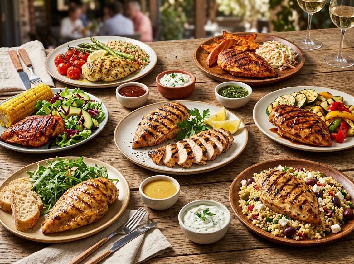 Grilled chicken breasts served with fresh salad, roasted vegetables, and various sauces on a wooden table.