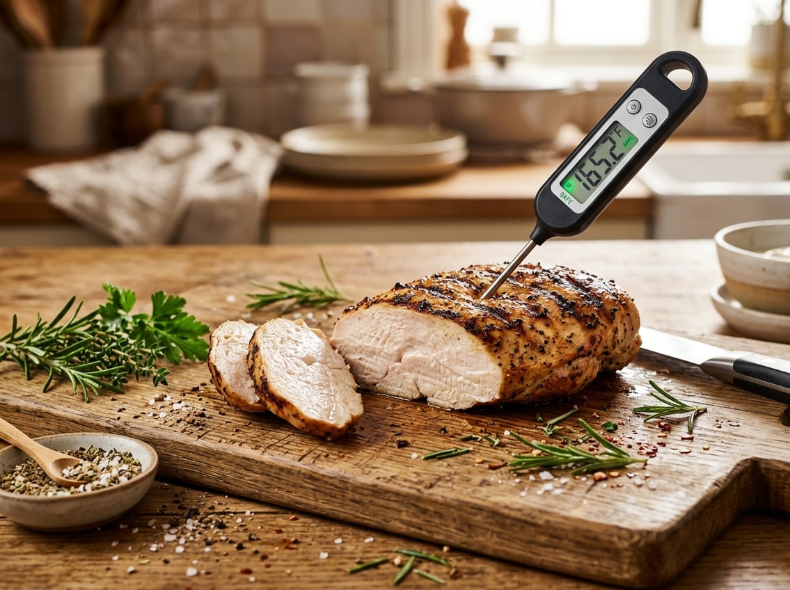 Sliced cooked chicken breast on a cutting board with a meat thermometer inserted, surrounded by fresh herbs and kitchen items.