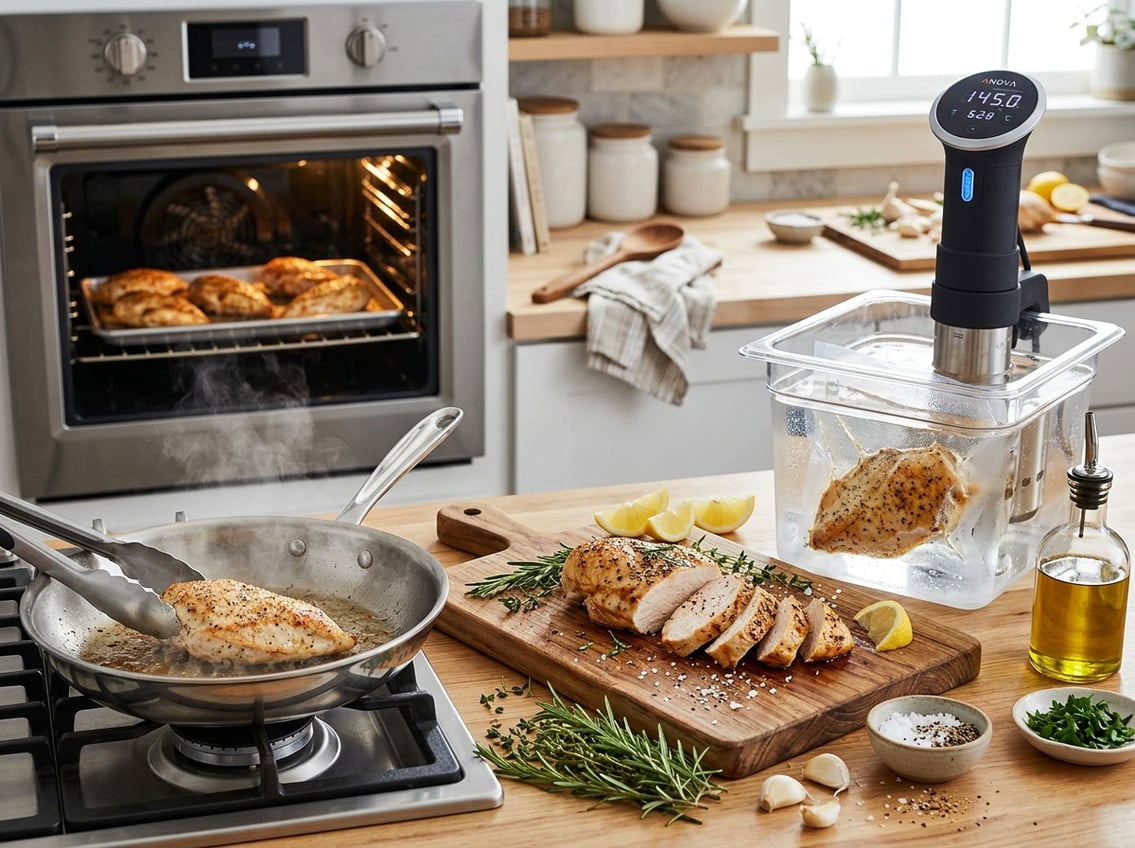 Close-up of cooked chicken breast on a cutting board surrounded by cooking tools and ingredients, with a skillet, sous vide container, and oven in the background.