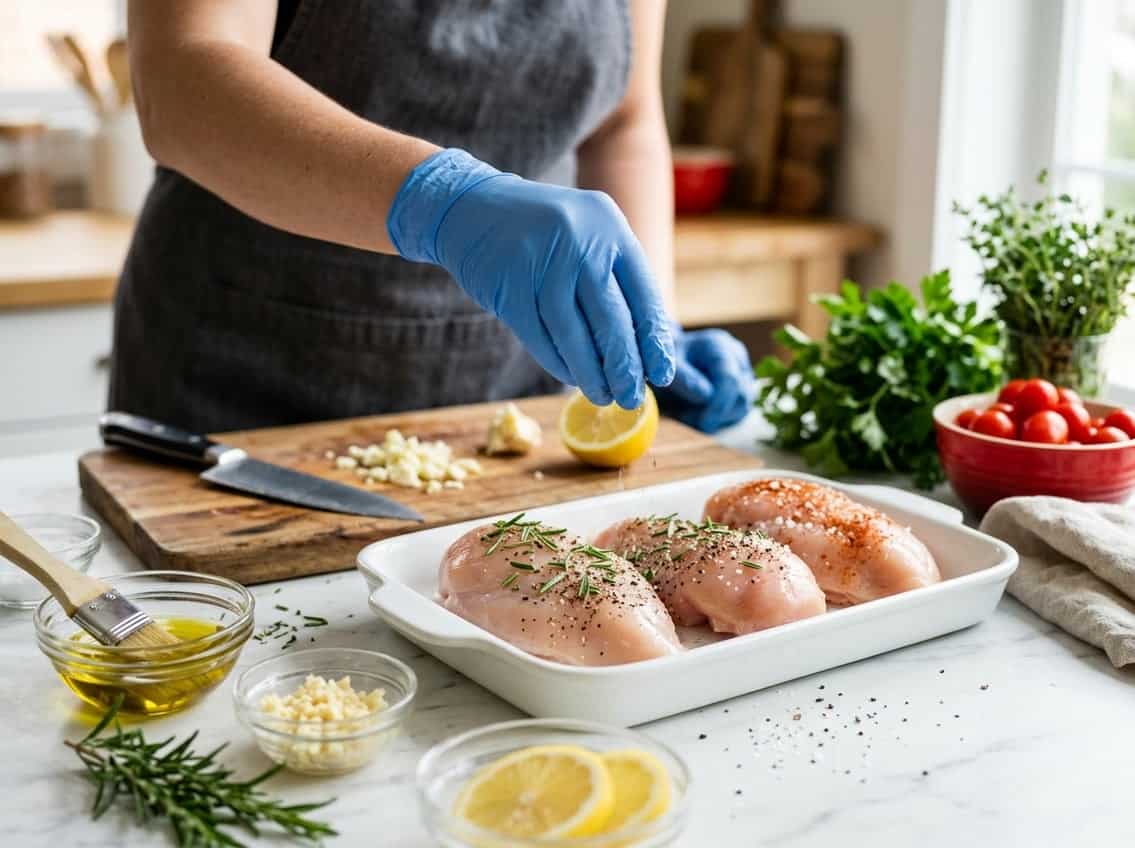 Hands seasoning raw chicken breasts with herbs and spices on a kitchen countertop surrounded by fresh ingredients.