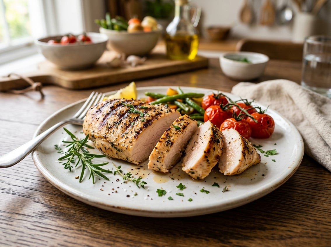 A sliced, perfectly cooked chicken breast on a plate with fresh herbs on a wooden table.