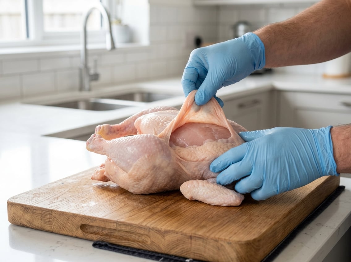 A whole raw chicken on a cutting board with hands lifting the skin over the breast to show the meat underneath.