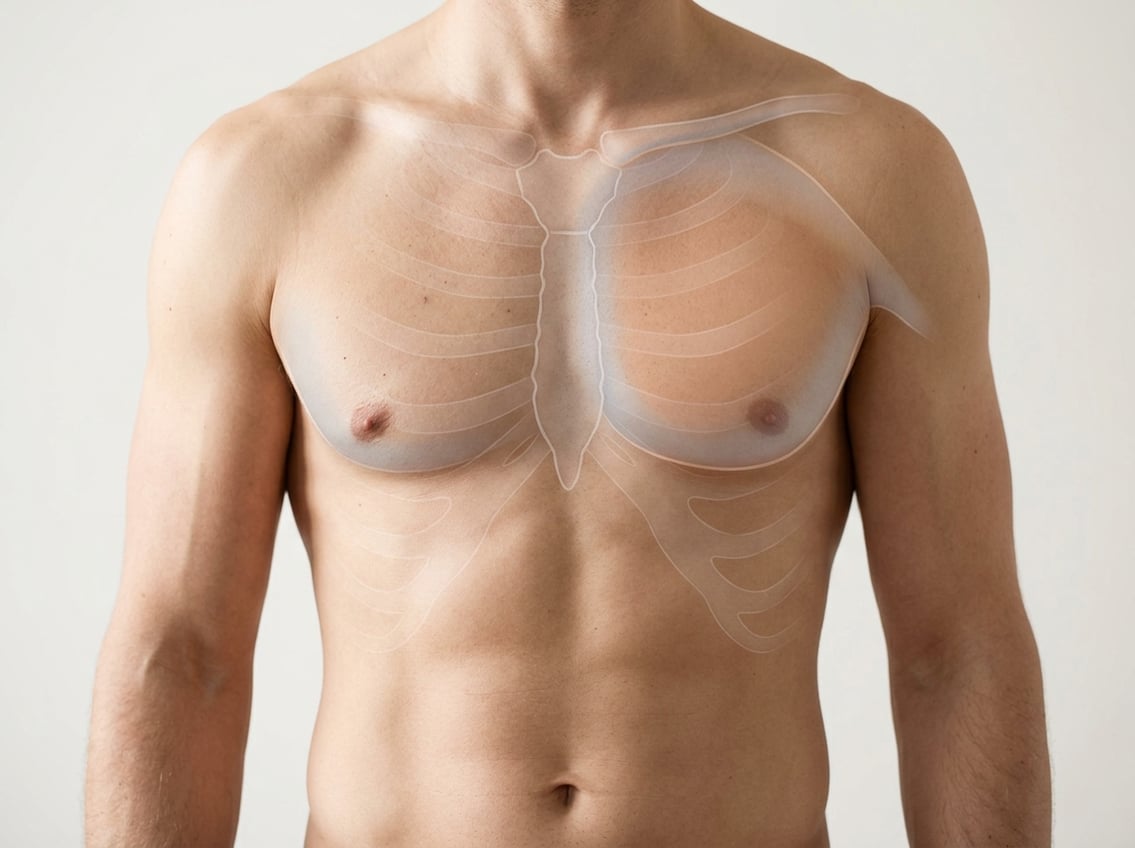 Close-up view of a human torso showing anatomical landmarks on the chest to help identify the chicken breast area.