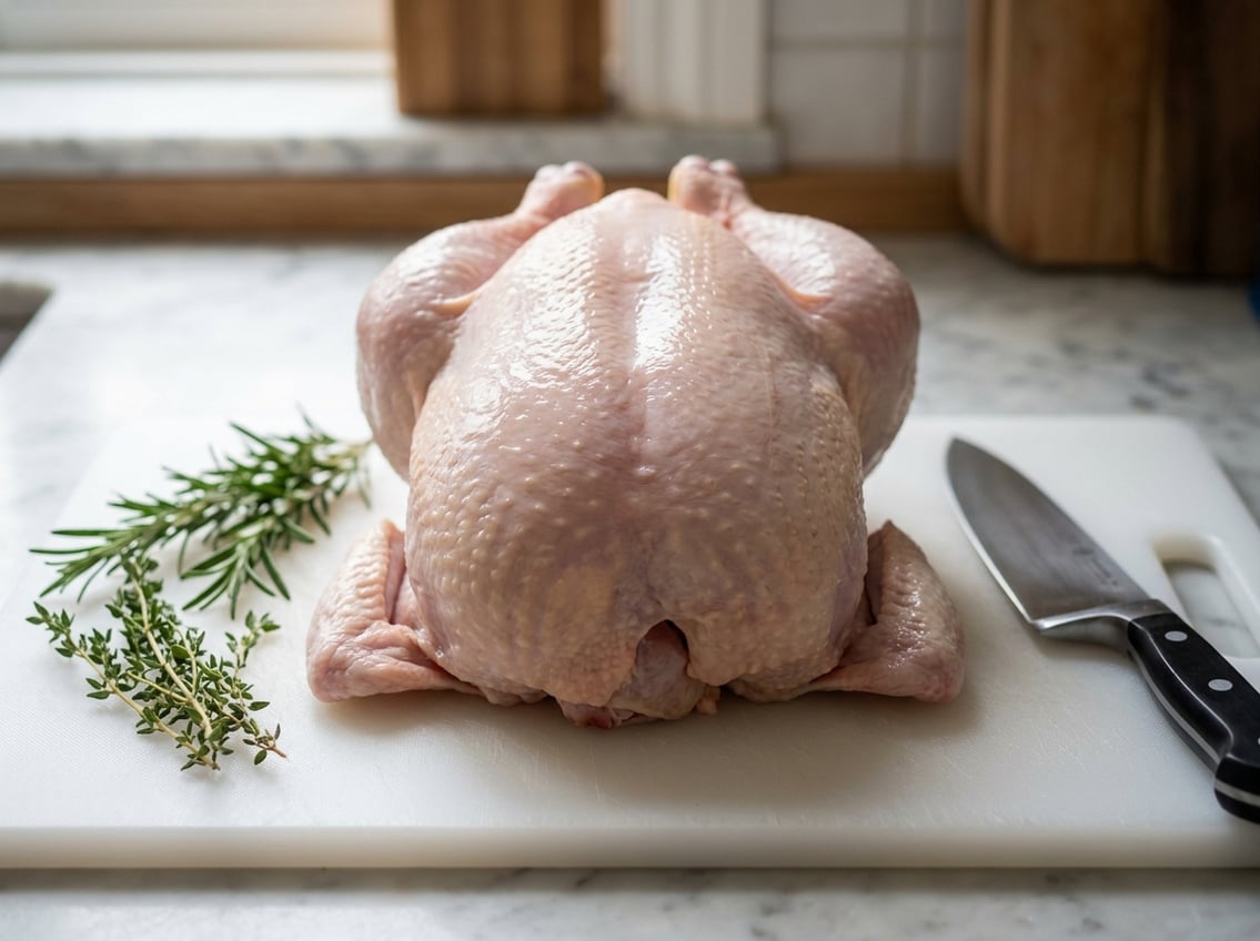 A whole raw chicken on a cutting board with the breast area clearly visible, surrounded by fresh herbs and a kitchen knife.