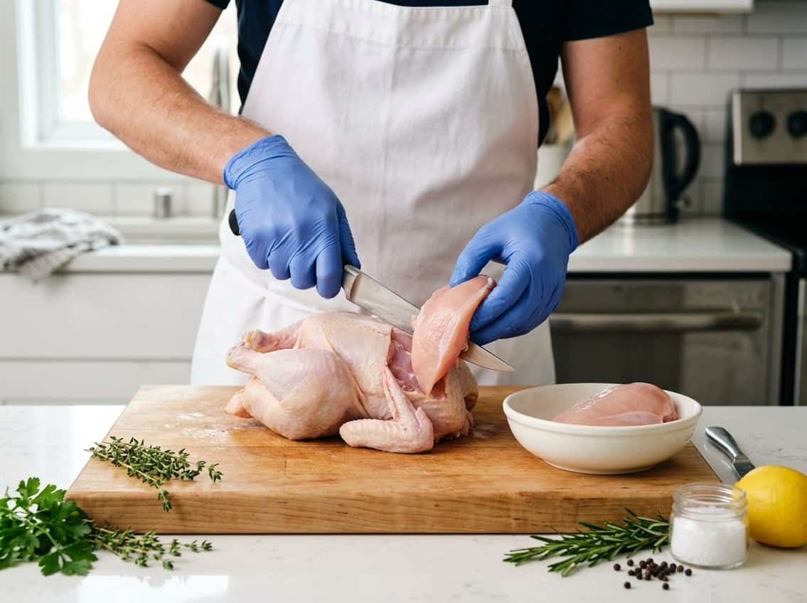 A person wearing gloves carefully removing a raw chicken breast from a whole chicken on a wooden cutting board in a clean kitchen.